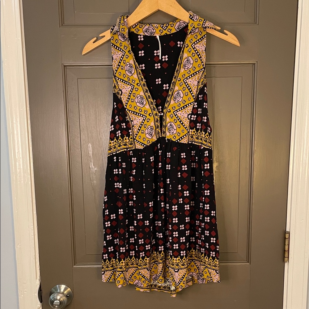 Free People Black and Yellow Patterned Mini Top